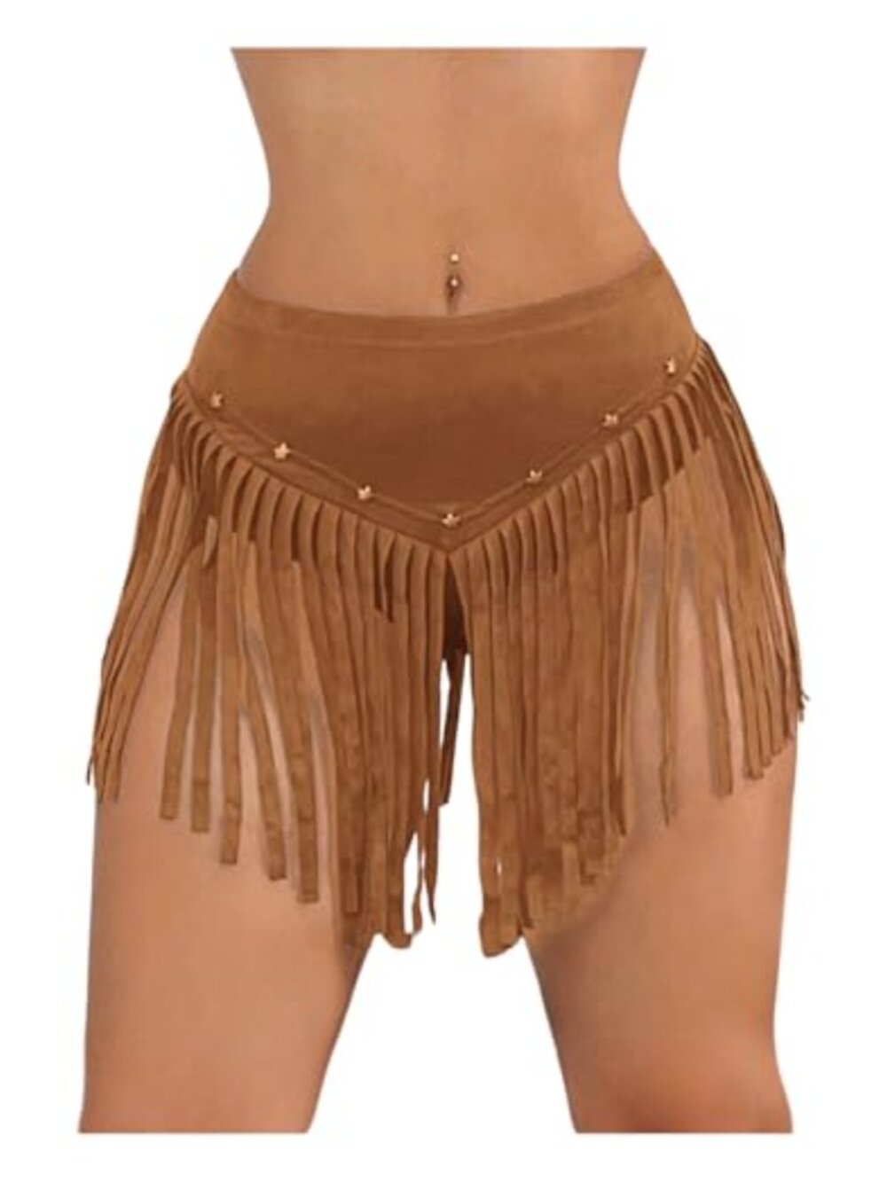 Fringe Trim Beaded Star Mini Skirt Low Rise Flared Western Built-in Shorts